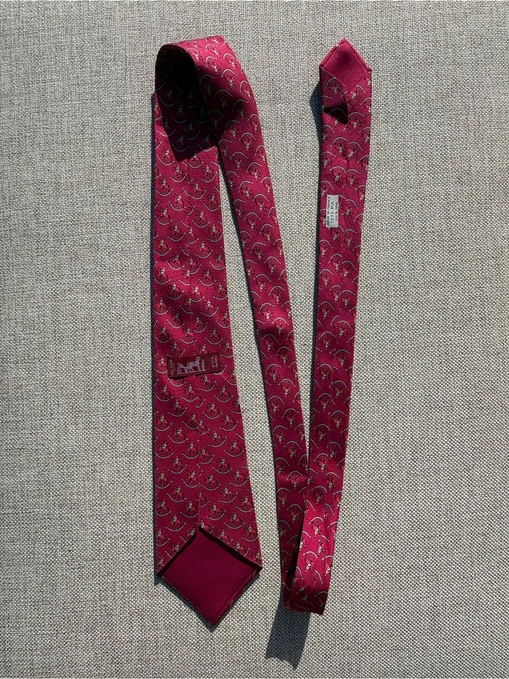 Hermès Paris Rocking Horse Rider Silk Tie Burgundy Pink France
